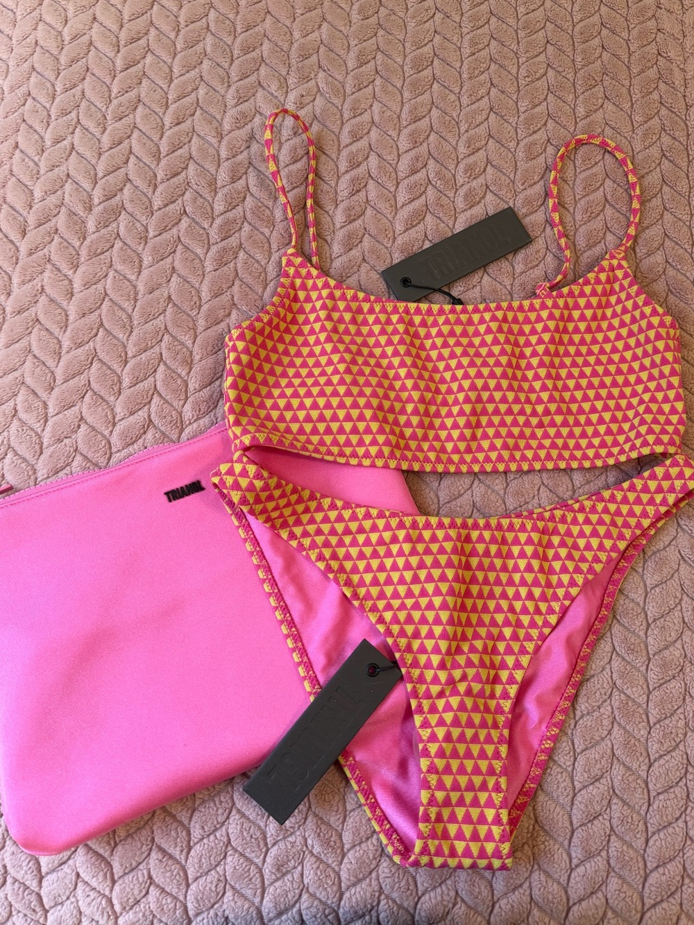 TRIANGL Mica Ursa Hot Pink and Yellow Geometric Triangle Bikini Set and Bag